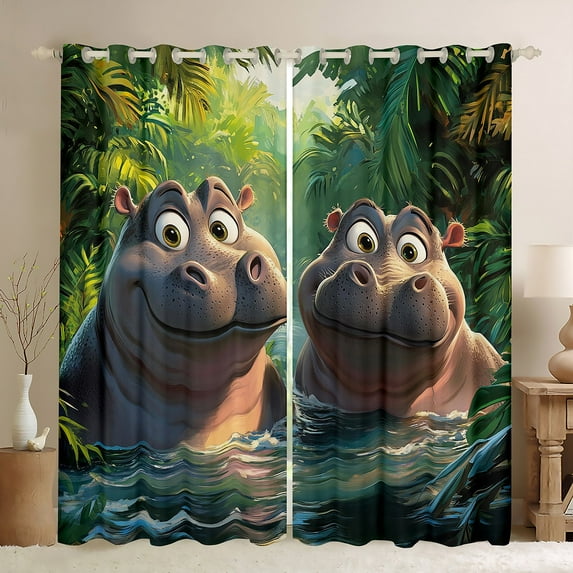 Feelyou Funny Cartoon Hippos Curtains Pack of 2 (42x84 Each), Kawaii Tropic Animal Curtains Blackout, Teens Boys Girls Kids Bedroom Curtains, Curtains and Drapes Room Decor