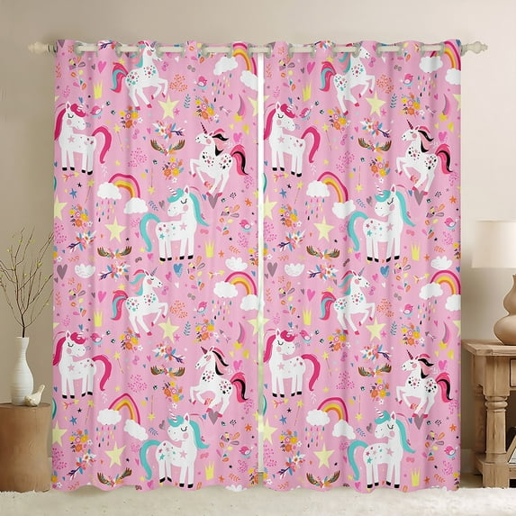 Feelyou Funny Cartoon Unicorn Blackout Curtains Set of 2 (52x84 Each) for Kids, Dreamy Rainbow Cloud Window Curtains, Cute Flower Floral Curtains and Drapes, Curtains and Drapes Decor