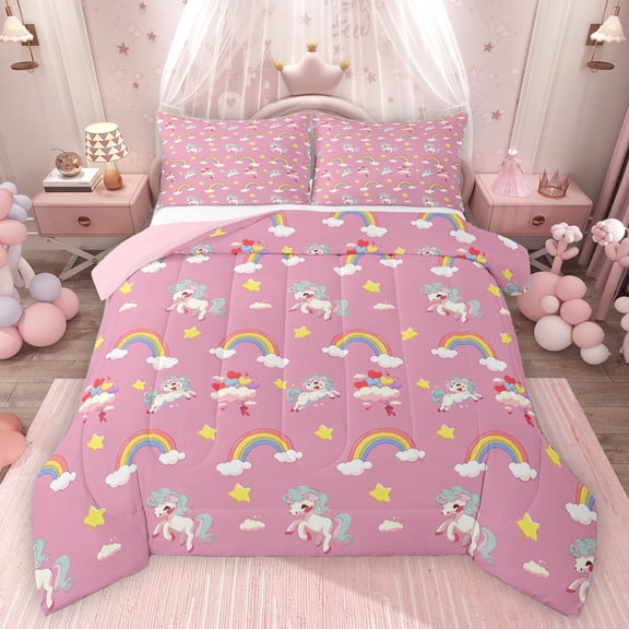 Feelyou Funny Cartoon Unicorn Queen Comforter Set, Cute Rainbow Stars Cloud Bedding Sets, Kawaii Animal Lover Reversible Bedding Comforter Set, Super Cozy Room Decor, 3pcs