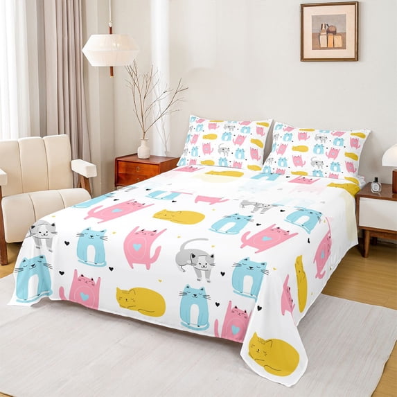 Feelyou Funny Cat Kids Bed Sheets, Kawaii Cartoon Kitten King Sheets, Cute Animal Theme Sheet Set, Luxury Bedroom Decor, 4-Piece