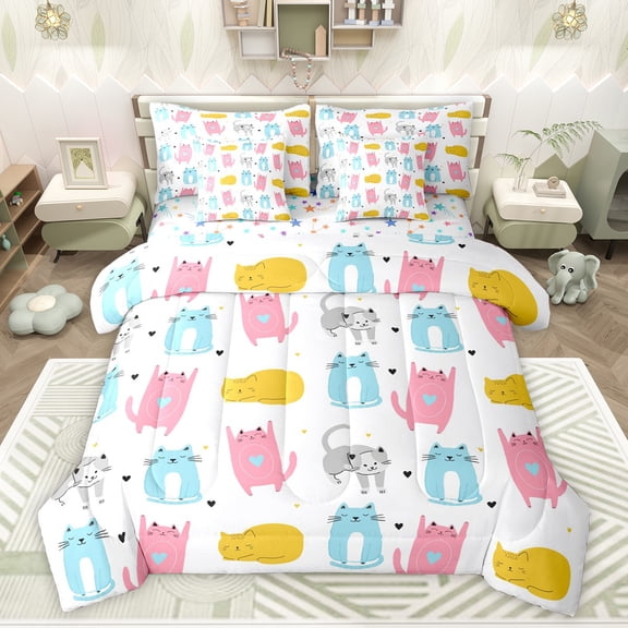 Feelyou Funny Cat Kids Bedding Comforter Set 7pcs, Kawaii Cartoon Kitten King Bedding Sets, Cute Animal Theme Reversible Bed Sheets, Luxury Bedroom Decor
