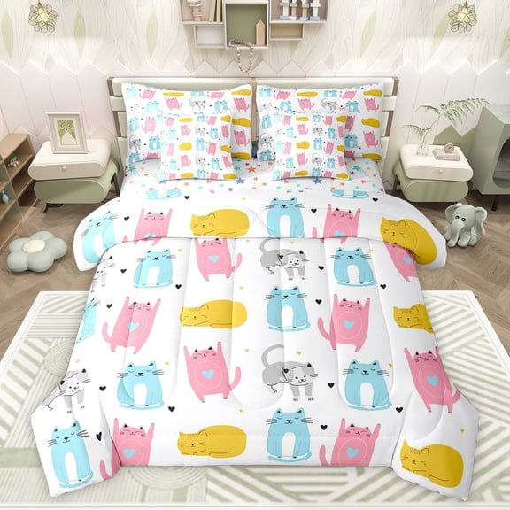 Feelyou Funny Cat Kids Twin Bedding Sets 7-Piece, Kawaii Cartoon Kitten Bedding Comforter Set, Cute Animal Theme Reversible Sheet Sets, Luxury Bedroom Decor