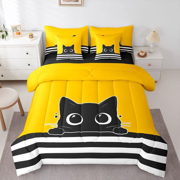 Feelyou Funny Cat Kitten Bedding Comforter Set 7pcs, Kawaii Cartoon Animal King Bedding Sets, Chic Stripes Lines Reversible Bed Sheets, Lightweight Room Decor