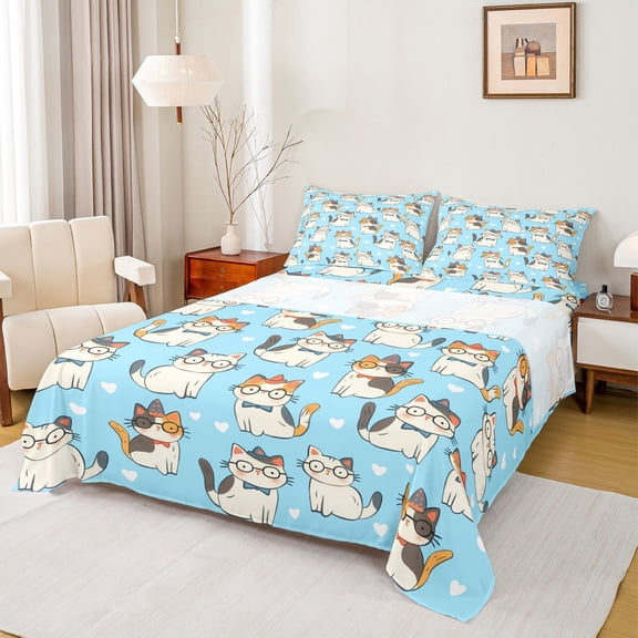 Feelyou Funny Cat Kitten Twin Sheet Sets, Cartoon Love Heart Bedding, 3pcs