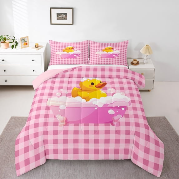 Feelyou Funny Cute Duck Bedding Comforter Set, Girly Pink Plaid Patchwork Twin Comforter Sets, Teens Kids Boys Girls Reversible Bedding Set, Lightweight Room Decor, 2pcs
