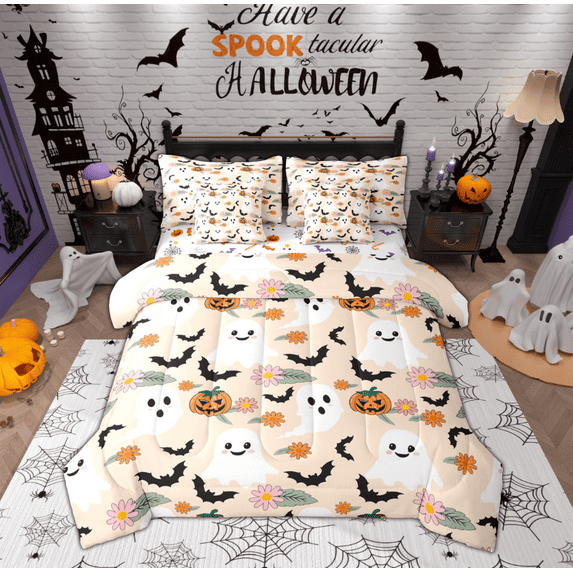 Feelyou Funny Cute Ghost Bedding Comforter Set 7pcs for Kids, Rustic Groovy Floral Queen Bedding Sets, Halloween Bat Pumpkin Reversible Queen Sheet Sets, Microfiber Bedroom Decor