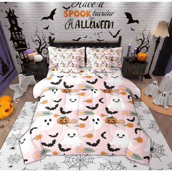 Feelyou Funny Cute Ghost Bedding Comforter Set 7pcs for Kids, Rustic Groovy Floral Queen Bedding Sets, Halloween Bat Pumpkin Reversible Queen Sheet Sets, Microfiber Bedroom Decor