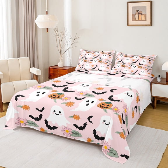 Feelyou Funny Cute Ghost Twin Sheet Sets for Kids, Rustic Groovy Floral Twin Fitted Sheet, Halloween Bat Pumpkin Flat Sheet, Microfiber Bedroom Decor, 3pcs