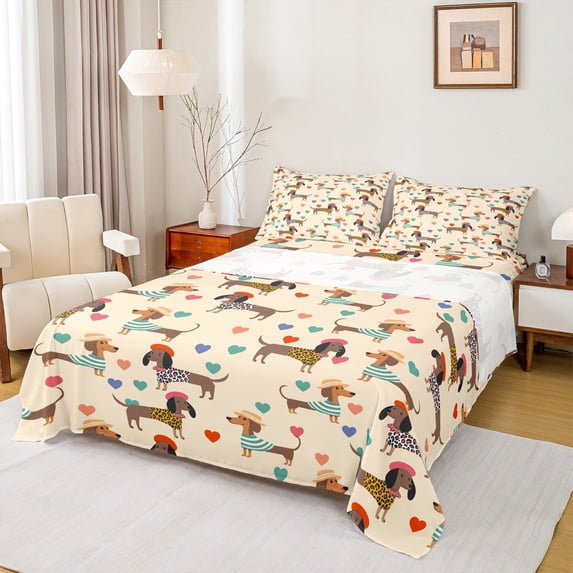 Feelyou Funny Dachshund Lover Bed Sheets, Kawaii Dog Animal King Sheets, Cartoon Love Heart Sheet Set, Luxury Bedroom Decor, 4pcs