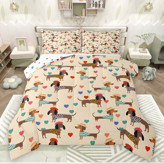Feelyou Funny Dachshund Lover Queen Comforter Set, Kawaii Dog Animal Bedding Sets, Cartoon Love Heart Reversible Bedding Comforter Set, Luxury Bedroom Decor, 3pcs