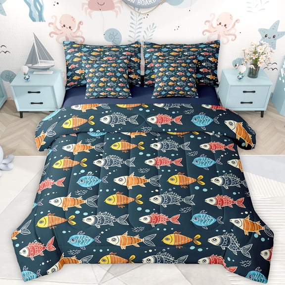 Feelyou Funny Fish Animal Bedding Comforter Set 7pcs, Cartoon Ocean Sealife Queen Bedding Sets, Teens Kids Boys Girls Reversible Queen Sheet Sets, Breathable Home Decor