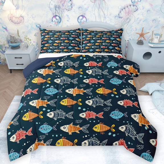 Feelyou Funny Fish Animal Queen Comforter Set, Cartoon Ocean Sealife Bedding Sets, Teens Kids Boys Girls Reversible Bedding Comforter Set, Breathable Home Decor, 3pcs
