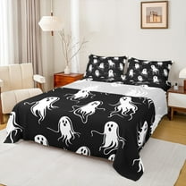 Feelyou Funny Ghost Twin Sheet Sets, Black White Halloween Twin Fitted Sheet, Sugar Skull Flat Sheet, Luxury Bedroom Decor,3-Piece