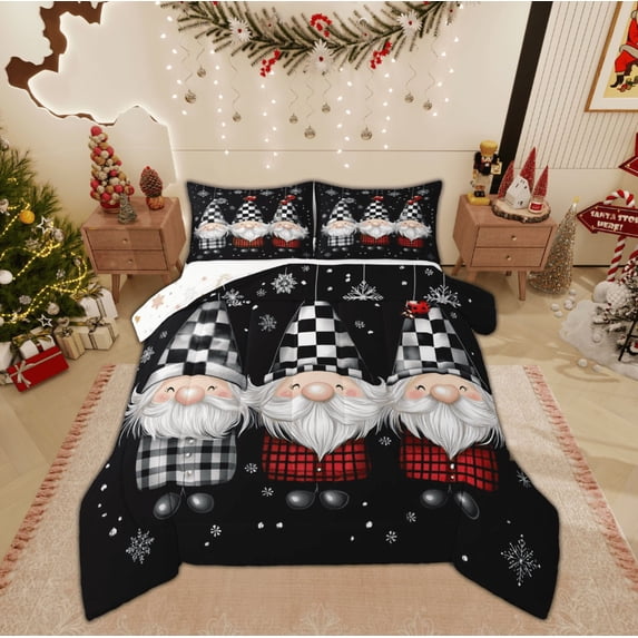 Feelyou Funny Gnome Full Size Comforter Sets, Checkered Geometric Bedding Comforter Set, Christmas Snowflake Reversible Bedding Sets, Ultra Soft Home Decor,3-Piece