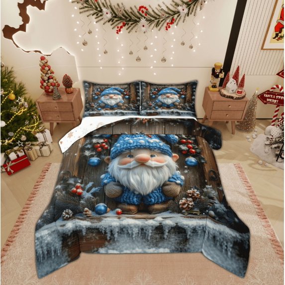 Feelyou Funny Gnome King Size Comforter Sets, Rustic Wooden Plank Bedding Comforter Set, Christmas Snowflake Reversible Bedding Set, Breathable Home Decor,3 Pieces