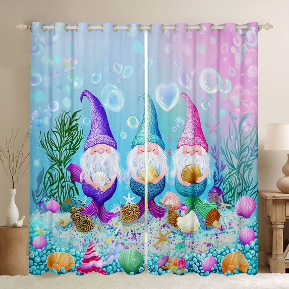 Feelyou Funny Gnome Mermaid Curtains Pack of 2 (42x84 Each) for Kids, Ocean Starfish Seashell Curtains Blackout, Kawaii Ocean Animal Bedroom Curtains, Living Room Curtains Decor