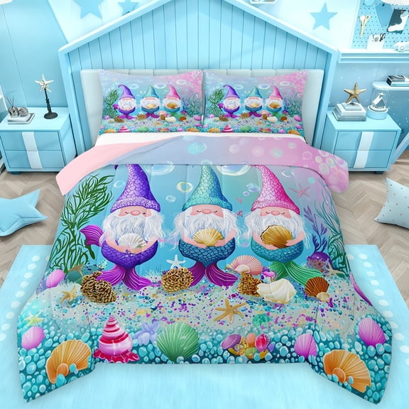 Feelyou Funny Gnome Mermaid Queen Comforter Set for Kids, Ocean Starfish Seashell Bedding Sets, Kawaii Ocean Animal Reversible Bedding Comforter Set, Breathable Home Decor, 3-Piece