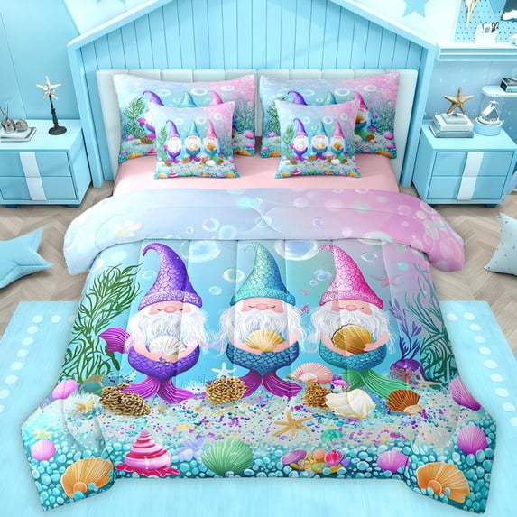 Feelyou Funny Gnome Mermaid Twin Bedding Sets 7-Piece for Kids, Ocean Starfish Seashell Bedding Comforter Set, Kawaii Ocean Animal Reversible Sheet Sets, Breathable Home Decor