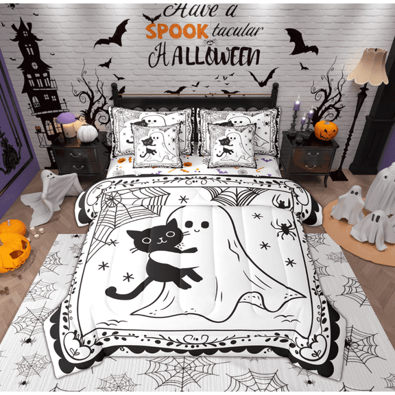 Feelyou Funny Halloween Ghost Bedding Comforter Set 7-Piece, Gothic Spider Web King Bedding Sets, Teens Boys Girls Kids Reversible Bed Sheets, Ultra Soft Home Decor