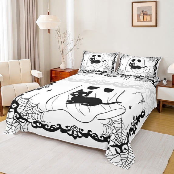 Feelyou Funny Halloween Ghost Full Size Sheets, Gothic Spider Web Bed Sheets, Teens Boys Girls Kids Sheet Sets, Super Cozy Room Decor, 4 Pieces