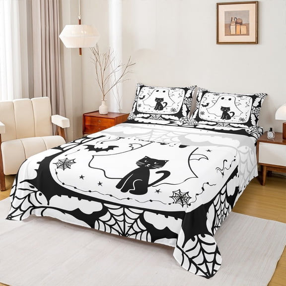 Feelyou Funny Halloween Ghost Twin Sheet Sets, Gothic Spider Web Twin Fitted Sheet, Teens Boys Girls Kids Flat Sheet, Breathable Home Decor, 3-Piece