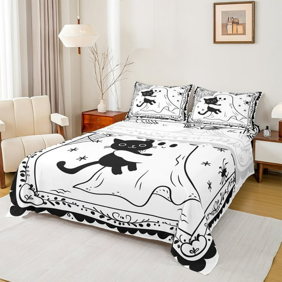 Feelyou Funny Halloween Ghost Twin Sheet Sets, Gothic Spider Web Twin Fitted Sheet, Teens Boys Girls Kids Flat Sheet, Ultra Soft Home Decor, 3-Piece