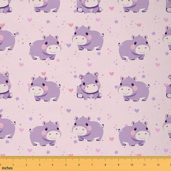Feelyou Funny Hippo Fabric by the Yard 5 Yards, Love Heart Stars Print Home Decor Fabric by the Yard, Cartoon Animal Sewing Fabric, Microfiber Bedroom Decor