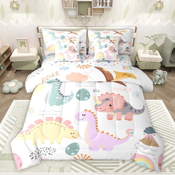 Feelyou Funny Jungle Dino Bedding Comforter Set 7pcs for Teens, Cute Cartoon Dinosaur Queen Bedding Sets, Animal Theme Reversible Queen Sheet Sets, Breathable Home Decor