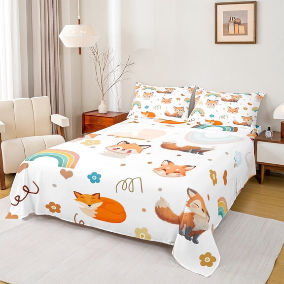 Feelyou Funny Jungle Fox Full Size Sheets for Boy, Cartoon Rainbow Bed Sheets, Flower Love Heart Sheet Sets, Luxury Bedroom Decor, 4 Pieces