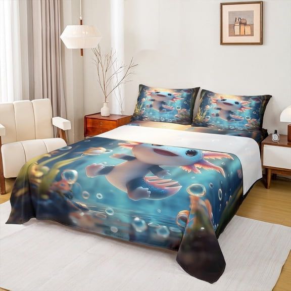 Feelyou Funny Marine Axolotl Queen Sheet Sets, Kawaii Ocean Animal Flat Sheet, Dreamy Underwater World Queen Fitted Sheet, Ultra Soft Bedroom Decor, 4-Piece