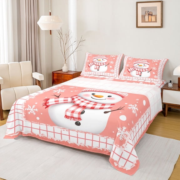 Feelyou Funny Orange Snowman Twin Sheet Sets for Teens, Christmas Snowflake Print Twin Fitted Sheet, Fashion Buffalo Flat Sheet, Lightweight Room Decor, 3pcs