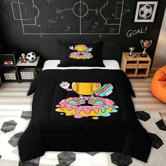 Feelyou Funny Orange Softball Twin Comforter Sets for Girls, Streetwear Hotdog Ice Cream Drip Bedding Set, Black Reversible, 2pcs, 1 Comforter and 1 Pillowcase