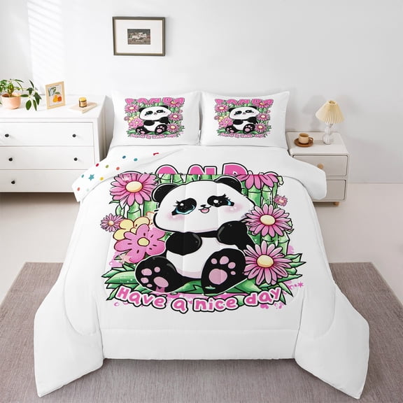 Feelyou Funny Panda Child Queen Comforter Set, Groovy Flower Floral Bedding Sets, Cute Cartoon Animal Reversible Bedding Comforter Set, Luxury Bedroom Decor, 3 Pieces