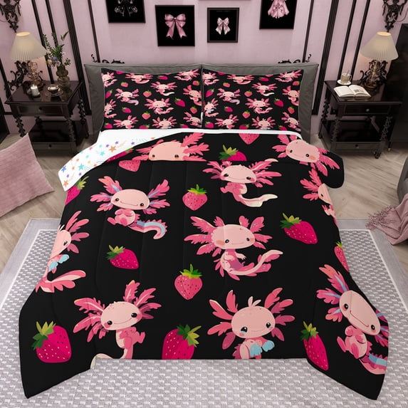 Feelyou Funny Pink Axolotl Full Size Comforter Sets, Kawaii Strawberry Bedding Comforter Set, Teens Kids Boys Girls Reversible Bedding Sets, Breathable Home Decor, 3 Pieces