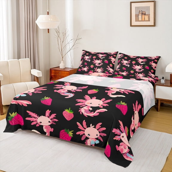 Feelyou Funny Pink Axolotl Full Size Sheets, Kawaii Strawberry Bed Sheets, Teens Kids Boys Girls Sheet Sets, Breathable Home Decor, 4 Pieces