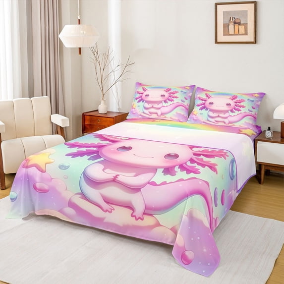 Feelyou Funny Pink Axolotl Twin Sheet Sets for Kids, Dreamy Stars Rainbow Galaxy Twin Fitted Sheet, Cute Animal Flat Sheet, Luxury Bedroom Decor, 3pcs