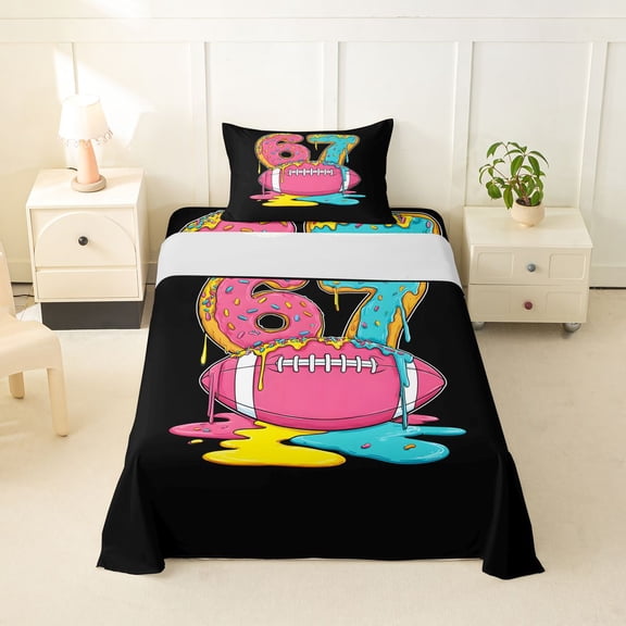 Feelyou Funny Pink Blue Number 67 Twin Sheets for Kids, Donut Football Drip Bedding, 3-Piece, 1 Flat Sheet, 1 Fitted Sheet and 1 Pillowcase
