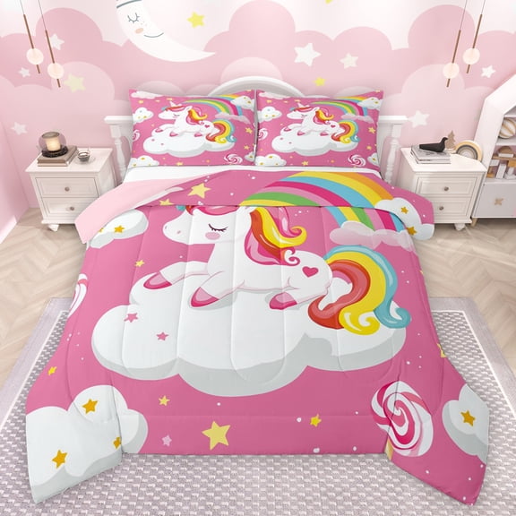 Feelyou Funny Pink Unicorn Queen Comforter Set for Child, Rainbow Cloud Galaxy Bedding Sets, Cute Cartoon Animal Reversible Bedding Comforter Set, Ultra Soft Bedroom Decor, 3pcs