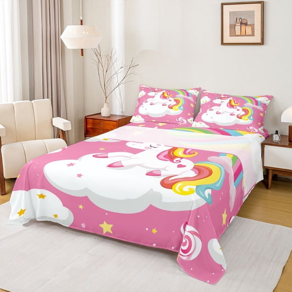Feelyou Funny Pink Unicorn Twin Sheet Sets for Child, Rainbow Cloud Galaxy Twin Fitted Sheet, Cute Cartoon Animal Flat Sheet, Ultra Soft Bedroom Decor, 3pcs