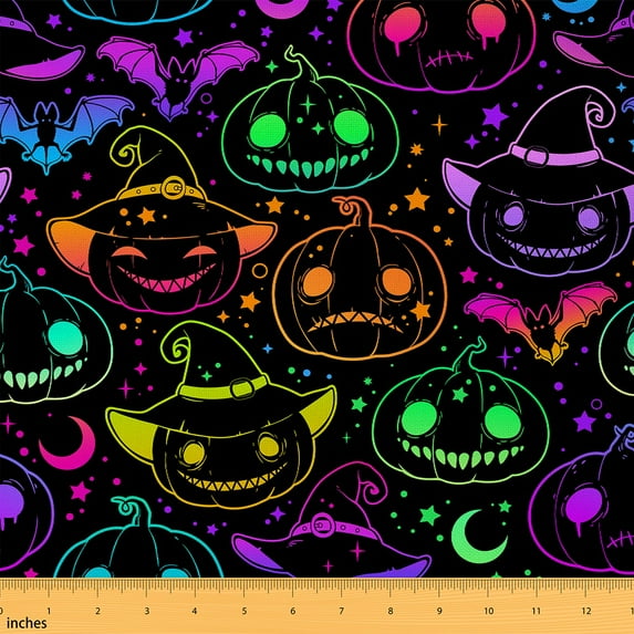 Feelyou Funny Pumpkin Kids Fabric by the Yard 5 Yards, Neon Bat Animal Room Decor Fabric by the Yard, Sugar Halloween Fabric for Sewing, Lightweight Room Decor