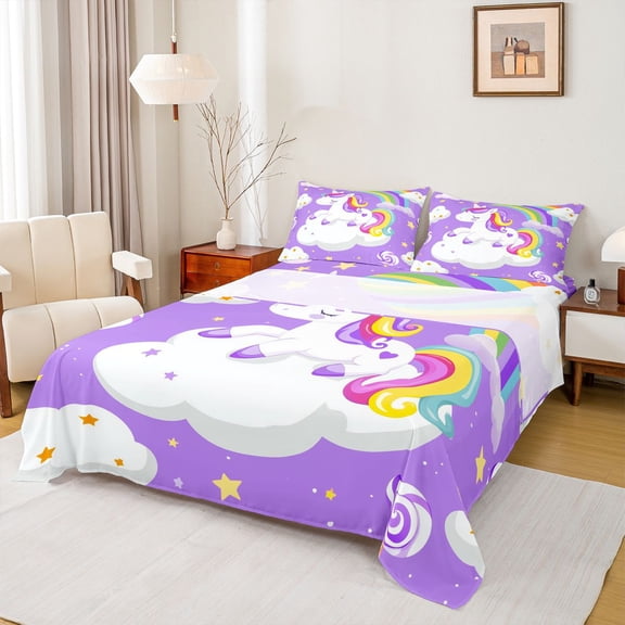 Feelyou Funny Purple Unicorn Bed Sheets for Child, Rainbow Cloud Galaxy King Sheets, Cute Cartoon Animal Sheet Set, Luxury Bedroom Decor, 4pcs