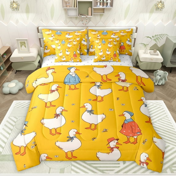 Feelyou Funny Rustic Duck Twin Bedding Sets 7-Piece for Kid, Kawaii Cartoon Goose Bedding Comforter Set, Cute Farm Animal Reversible Sheet Sets, Super Cozy Room Decor