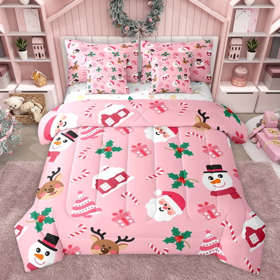 Feelyou Funny Santa Claus Bedding Comforter Set 7 Pieces for Teen, Cartoon Winter Snowman Full Bedding Set, Merry Christmas Reversible Fitted Sheet Flat Sheet, Ultra Soft Bedroom Decor