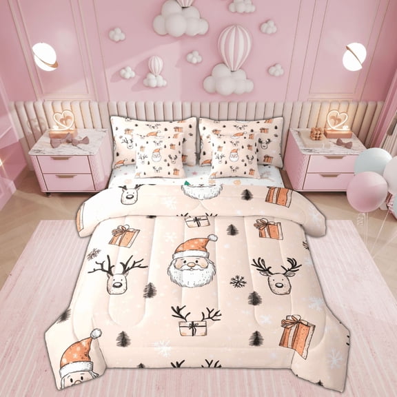 Feelyou Funny Santa Claus Bedding Comforter Set 7pcs, Rustic Reindeer Queen Bedding Sets, Christmas Snowflake Reversible Queen Sheet Sets, Microfiber Bedroom Decor