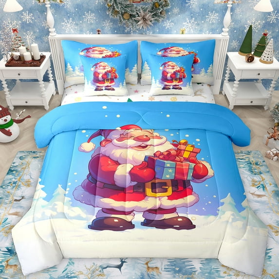 Feelyou Funny Santa Claus Twin Bedding Sets 7-Piece for Kids, Magic Christmas Gnome Bedding Comforter Set, Blue Red Cartoon Reversible Sheet Sets, Breathable Home Decor