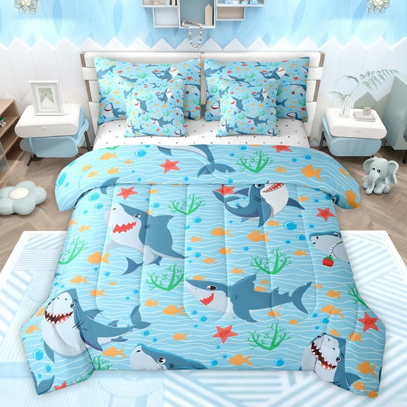 Feelyou Funny Shark Kids Bedding Comforter Set 7pcs, Kawaii Starfish Seashell Queen Bedding Sets, Blue Stripes Lines Queen Sheet Sets, Super Cozy Room Decor