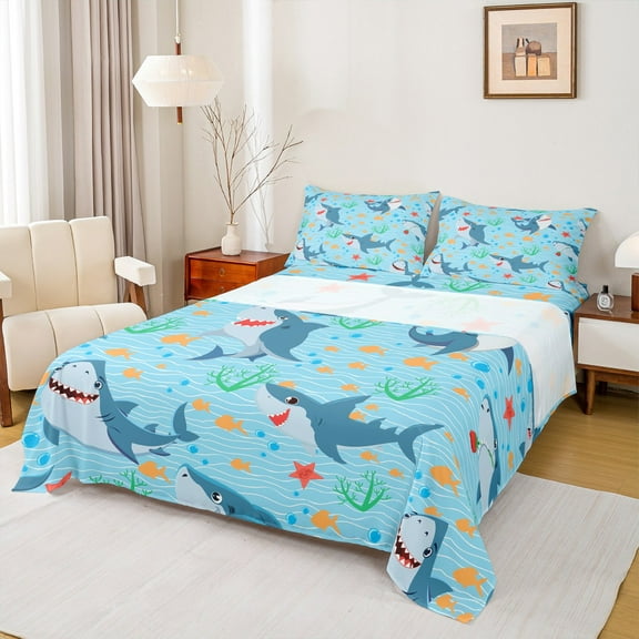 Feelyou Funny Shark Kids Twin Sheet Sets, Kawaii Starfish Seashell Twin Fitted Sheet, Blue Stripes Lines Flat Sheet, Super Cozy Room Decor, 3-Piece