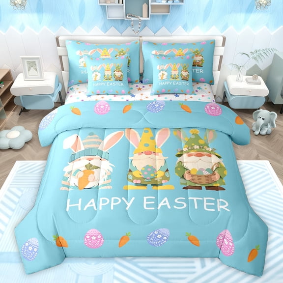 Feelyou Funny Spring Gnome Bedding Comforter Set 7pcs for Child, Cute Bunnies Rabbit King Bedding Sets, Cartoon Easter Eggs Reversible Bed Sheets, Breathable Home Decor
