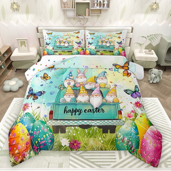 Feelyou Funny Spring Gnome Queen Comforter Set for Child, Dreamy Butterfly Floral Bedding Sets, Easter Egg Reversible Bedding Comforter Set, Breathable Home Decor, 3pcs