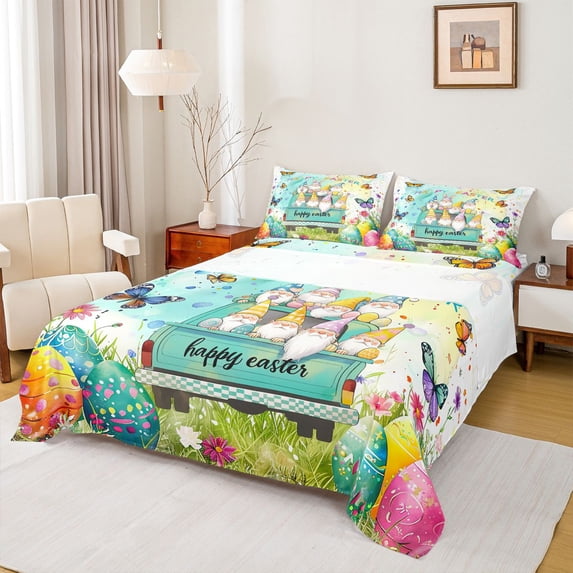 Feelyou Funny Spring Gnome Queen Sheet Sets for Child, Dreamy Butterfly Floral Flat Sheet, Easter Egg Queen Fitted Sheet, Breathable Home Decor, 4pcs